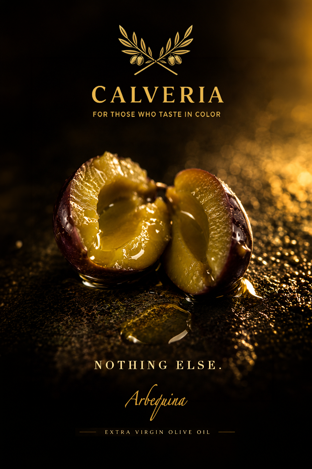 Split Arbequina olive with oil sheen in Calveria campaign art