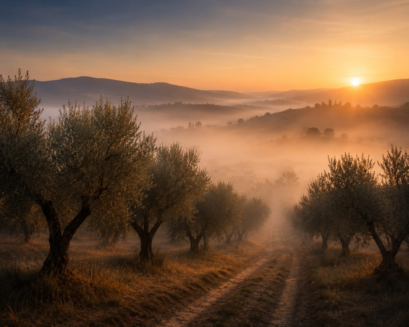 Calveria estate olive trees at sunrise, mist drifting through the rows